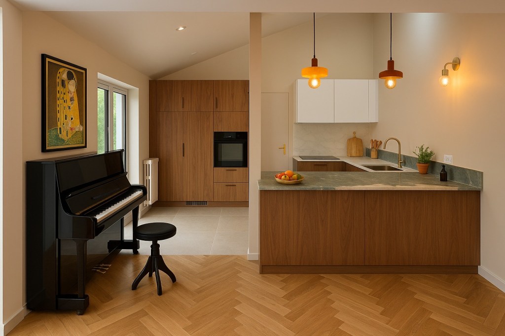 Cuisine ouverte sur le séjour, conçue pour une circulation fluide et un espace convivial, réalisée par l’architecte d’intérieur Cécile Solignac – Ai & D.